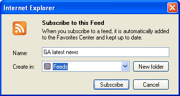 Microsoft Internet Explorer 7.0 Subscribe to RSS feed prompt window