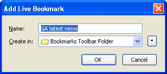 Mozilla Firefox 2.0 Add Live Bookmark prompt window
