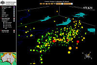 Earthquake events coloured and sized according to magnitude (GA9188)