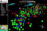 Earthquake events coloured according to year with seismic stations (GA9189)