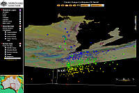 Solid geology image viewd from below with earthquake events coloured according to depth (GA9191)