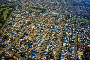 Blue covers on roofs damaged in the hailstorm, Sydney 1999