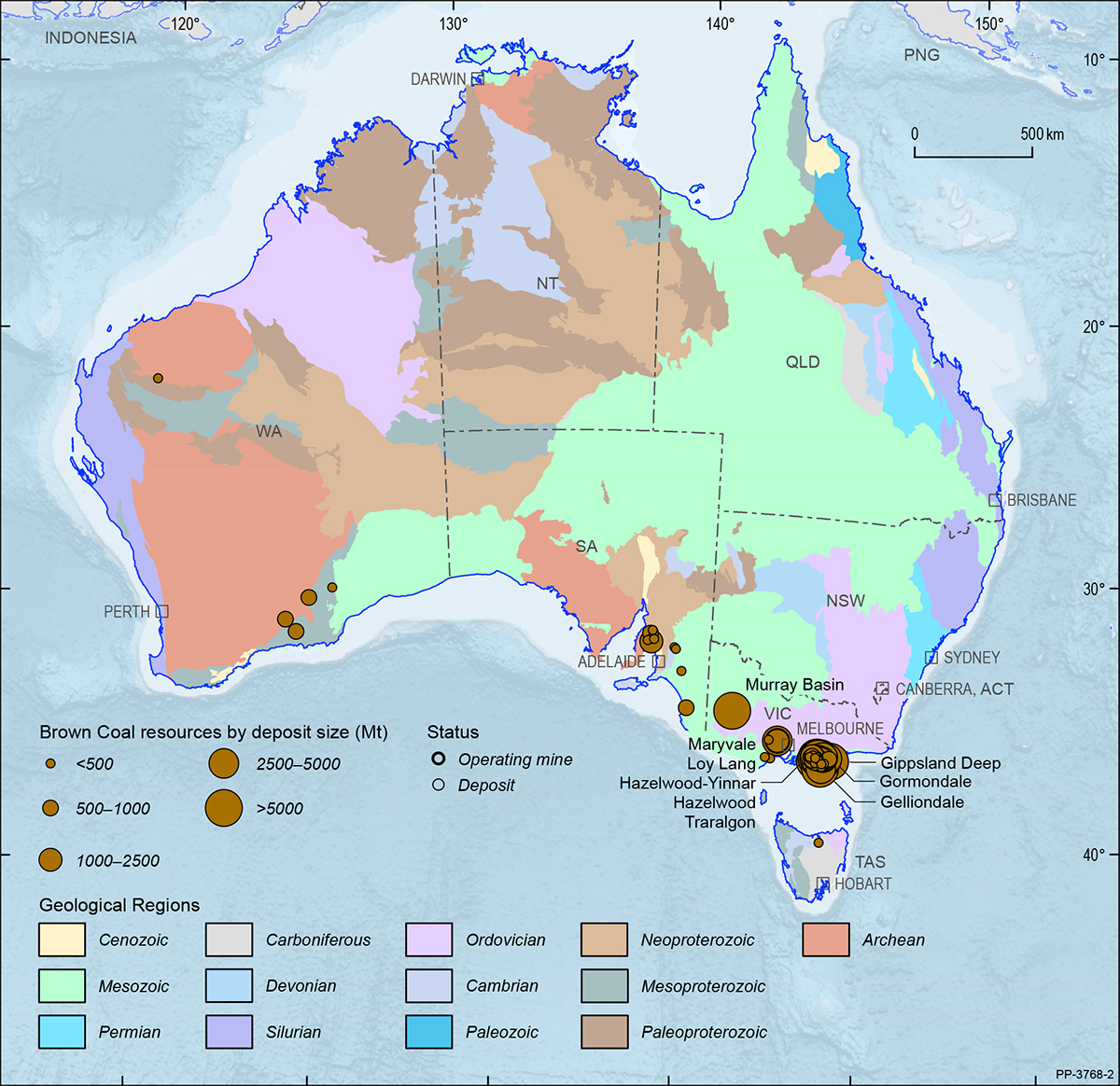 A map showing the Australian continent shaded by the ages of the main geological provinces highlighting the geographical distribution of Australian brown coal deposits and operating mines 2019.