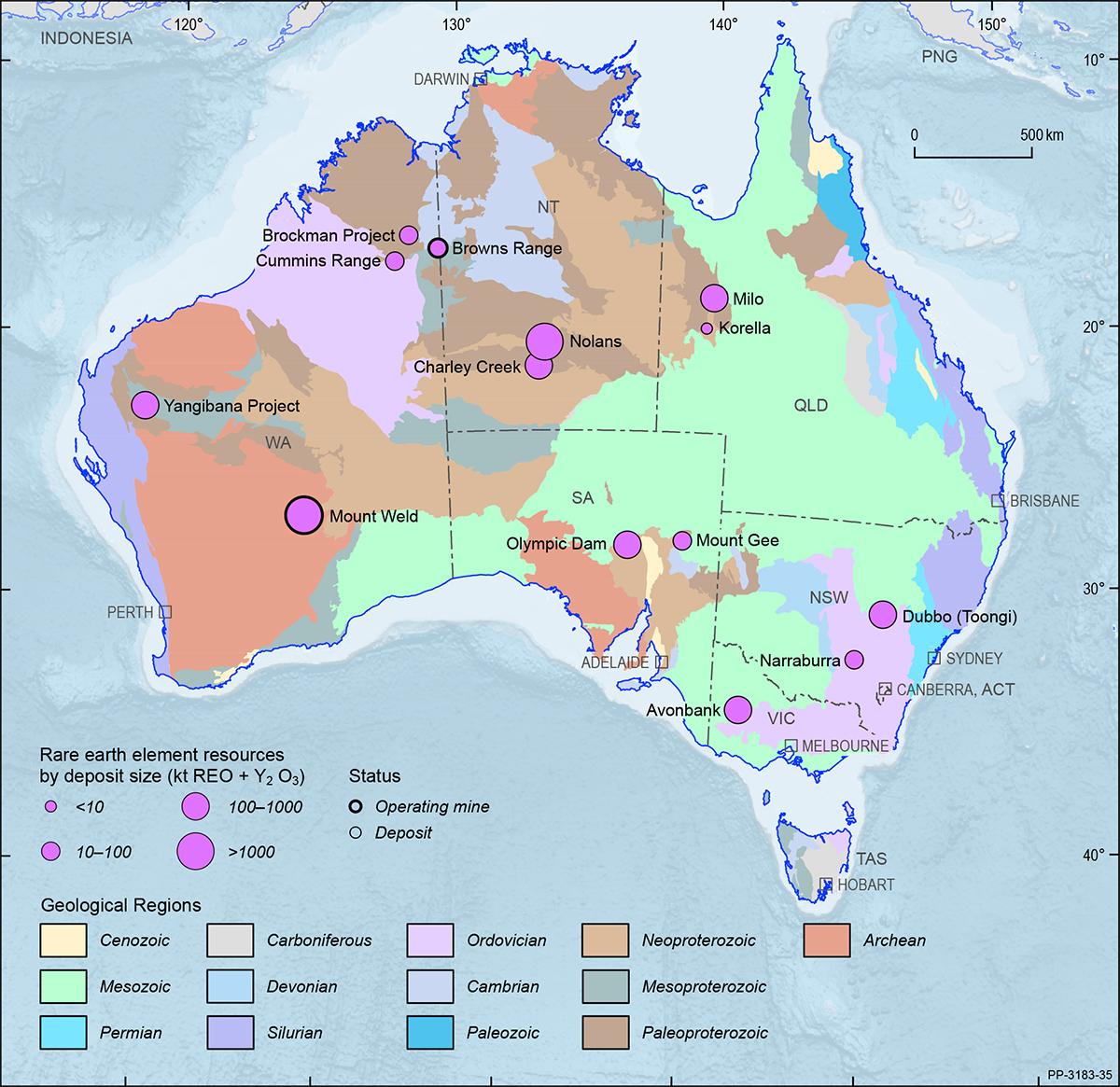 A map showing the Australian continent shaded by the ages of the main geological provinces highlighting the geographical distribution of Australian rare earth element deposits in 2019.