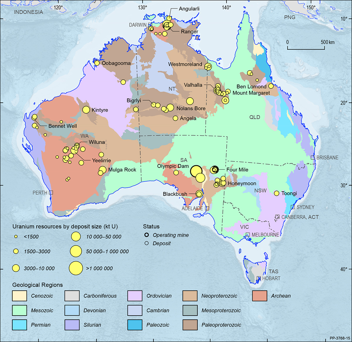 A map showing the Australian continent shaded by the ages of the main geological provinces highlighting the geographical distribution of Australian uranium deposits and operating mines in 2019.