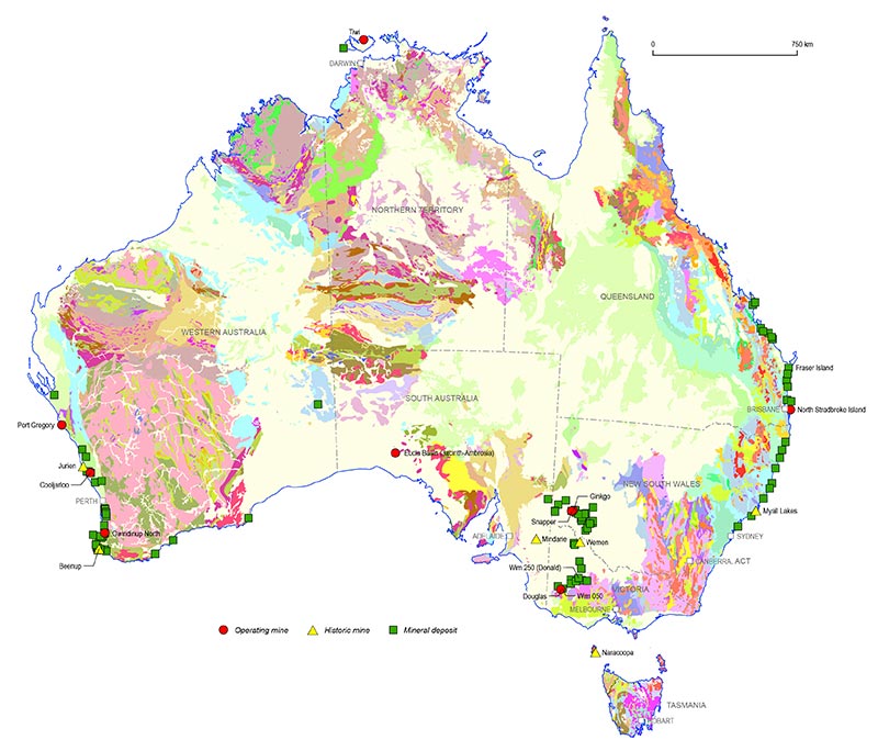 Figure 1.5.3. This figure illustrates the locations of significant heavy mineral sands deposits. These locations are presented on a base composed of a transparent surface geology over reduced-to-pole aeromagnetic data. For more information contact clientservices@ga.gov.au.