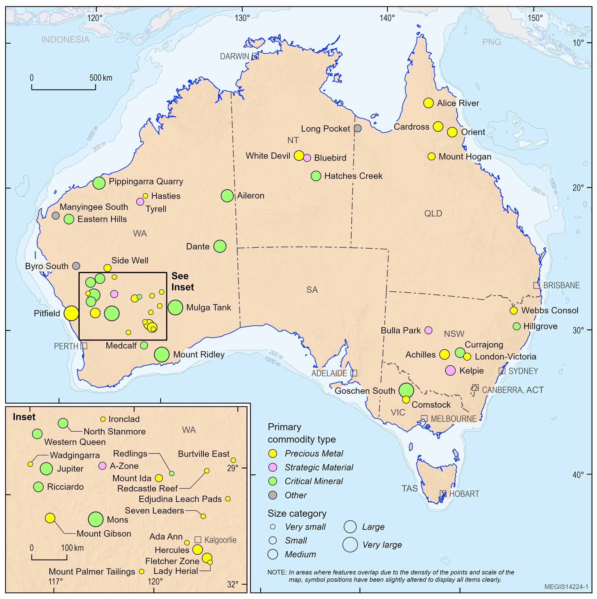 Map of Australia showing locations of mining sites categorized by primary commodity type, including precious metals, strategic materials, critical minerals, and others, marked with coloured circles and varying sizes indicating site scale. An inset highlights detailed mining sites in southwestern Australia, with labels for major cities and regions, illustrating distribution and density of mining activities across the country.