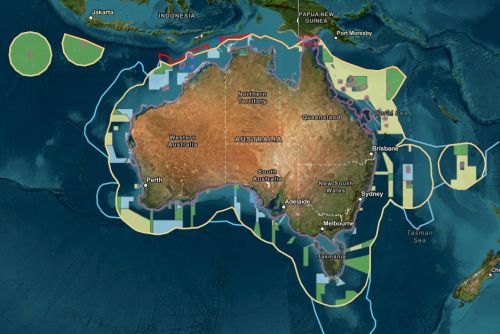Screenshot of the Australian Marine Spatial Information System (AMSIS) showing Australia with multiple marine spatial information layers displayed
