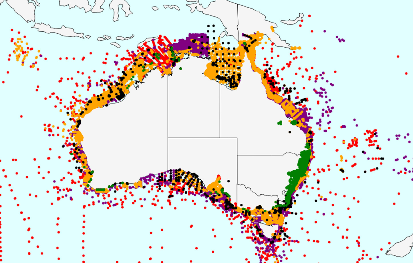Map showing the distribution of marine sediment samples collected around Australia's coastline and offshore waters through the Marine Sediments (MARS) database