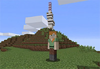 A computer generated image showing a virtual person in front of a topographical feature in Minecraft style