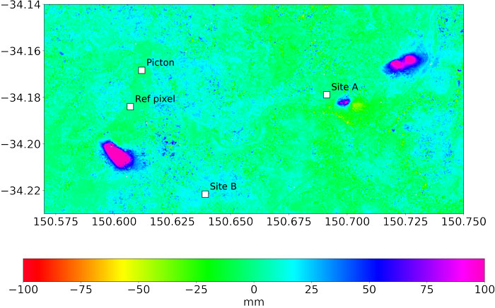 A computer generated image showing surface movement following the extraction of coal from a subsurface longwall mine. This increase in range is interpreted as movement away from the satellite, or a downward movement of the ground.