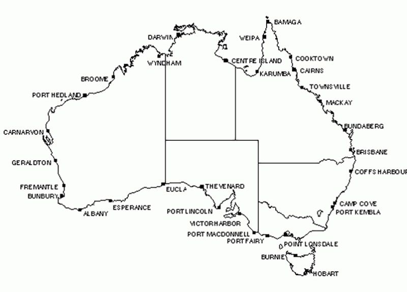 Map of Australian showing the locations of the 32 tide gauges used to define the Australian Height Datum