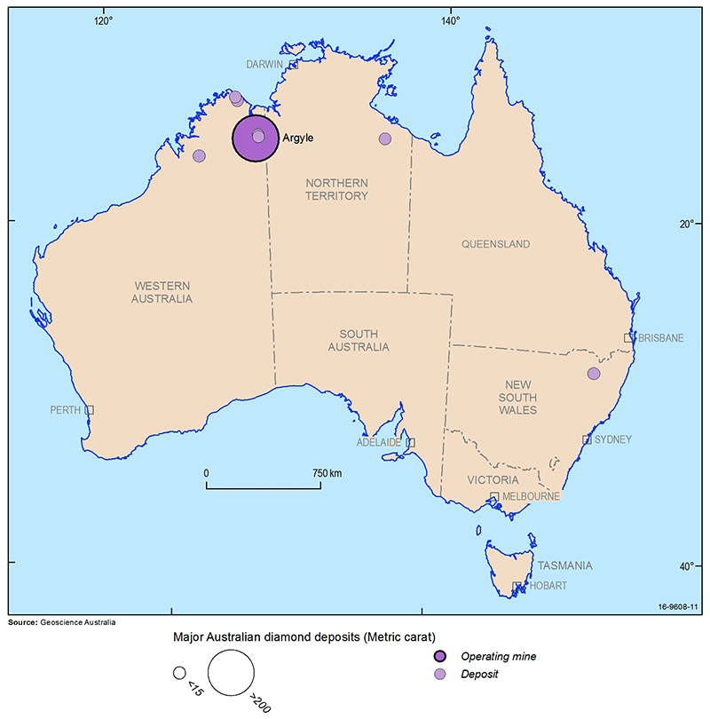 Map of Australia indicating locations of major diamond deposits and mines