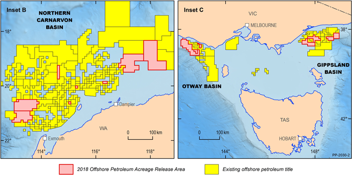 Offshore areas released for petroleum exploration as part of the 2018 acreage release. Located in the Bonaparte, Browse Basin, Northern Carnarvon, Bight, Otway and Gippsland basins