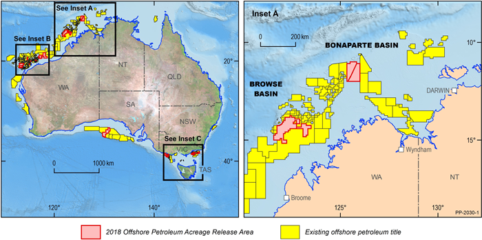 Map of Australia showing offshore areas released for petroleum exploration as part of the 2018 acreage release