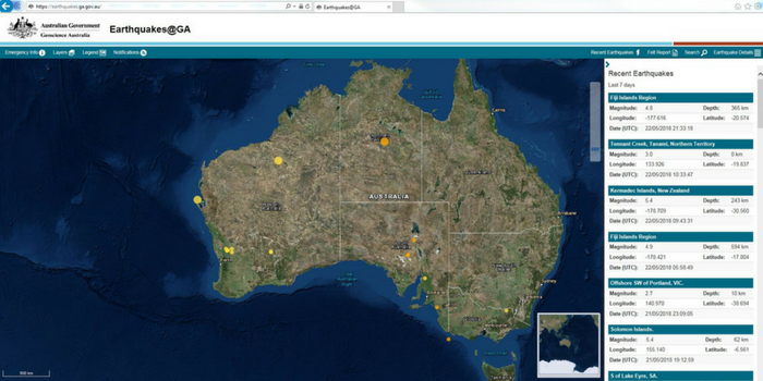A screengrab of Geoscience Australia's updates earthquakes website.