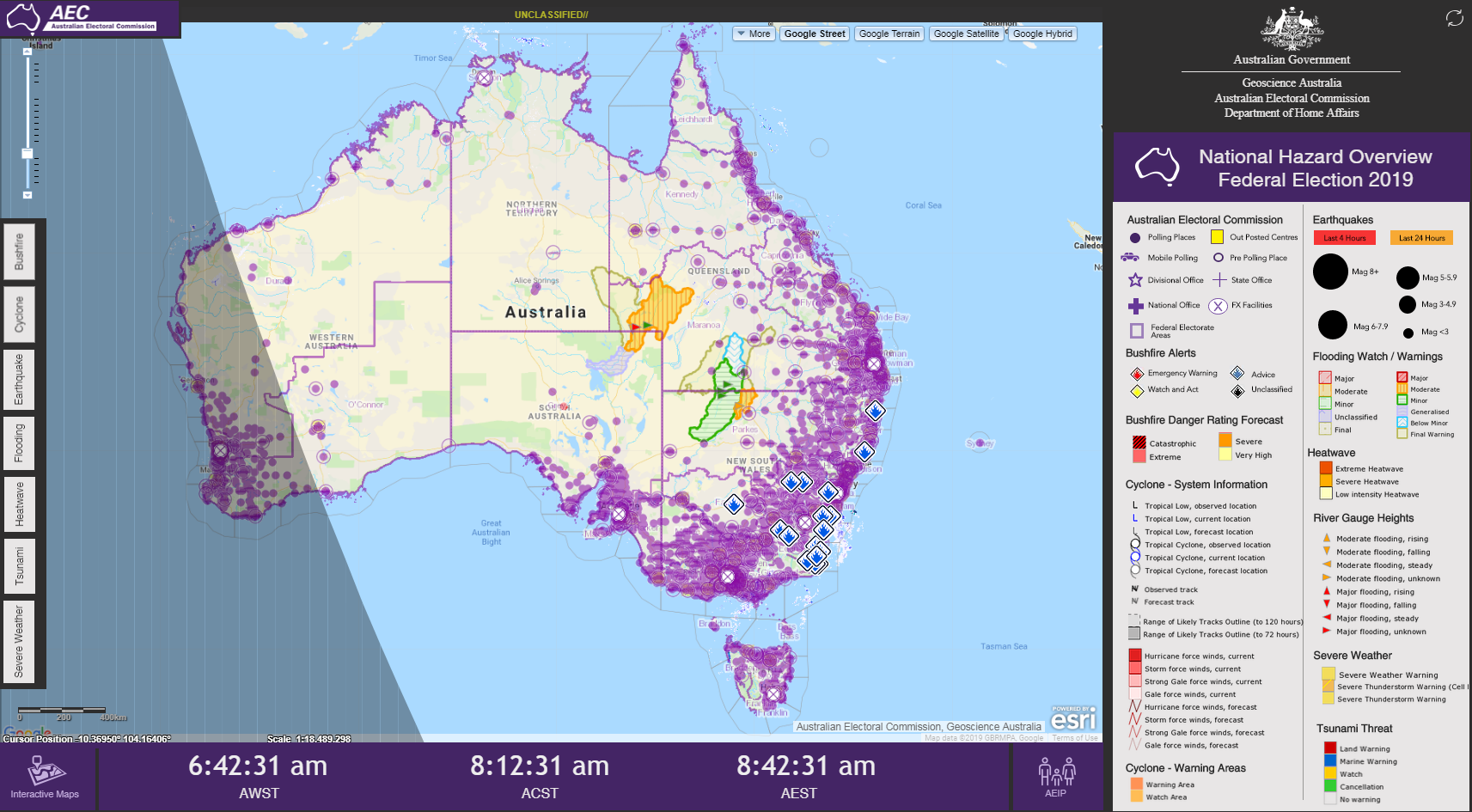 A map of Australia and extensive key with many symbols and colours to show election data and potential natural hazards.