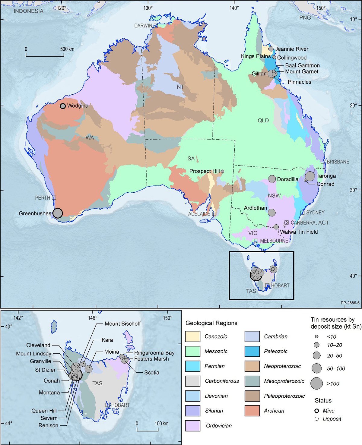 This figure is a map of Australia showing the basic geological regions, location and size of tin deposits. For further details please email Geoscience Australia at clientservices@ga.gov.au.