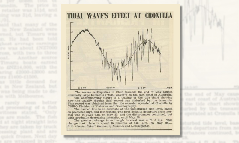 An Australian Fisheries Newspaper clipping from 1960 shows the changes in wave heights recorded at Cronulla, New South Wales.