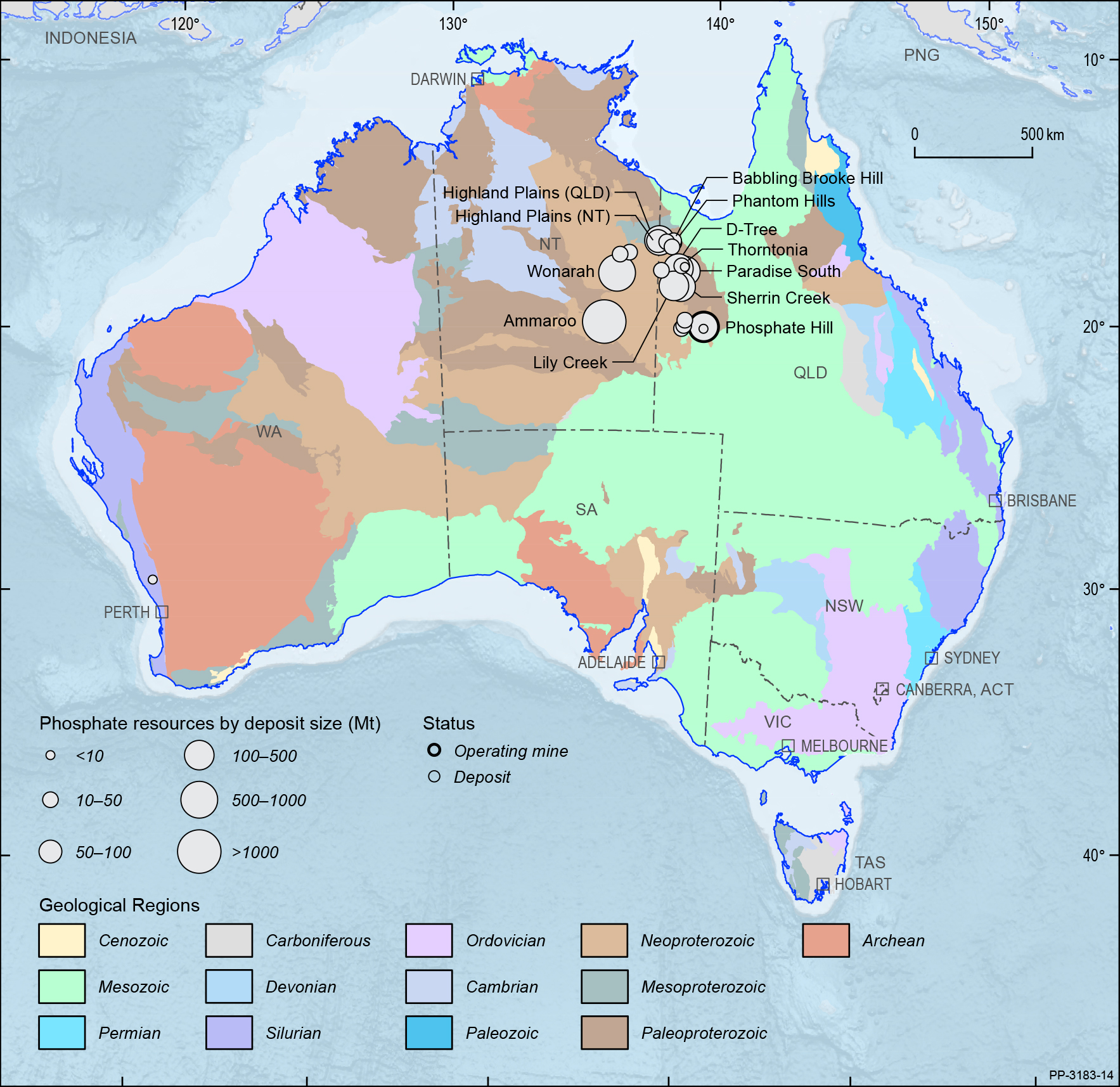 A map showing the Australian continent shaded by the ages of the main geological provinces highlighting the geographical distribution of Australian phosphate deposits and operating mines in 2019.