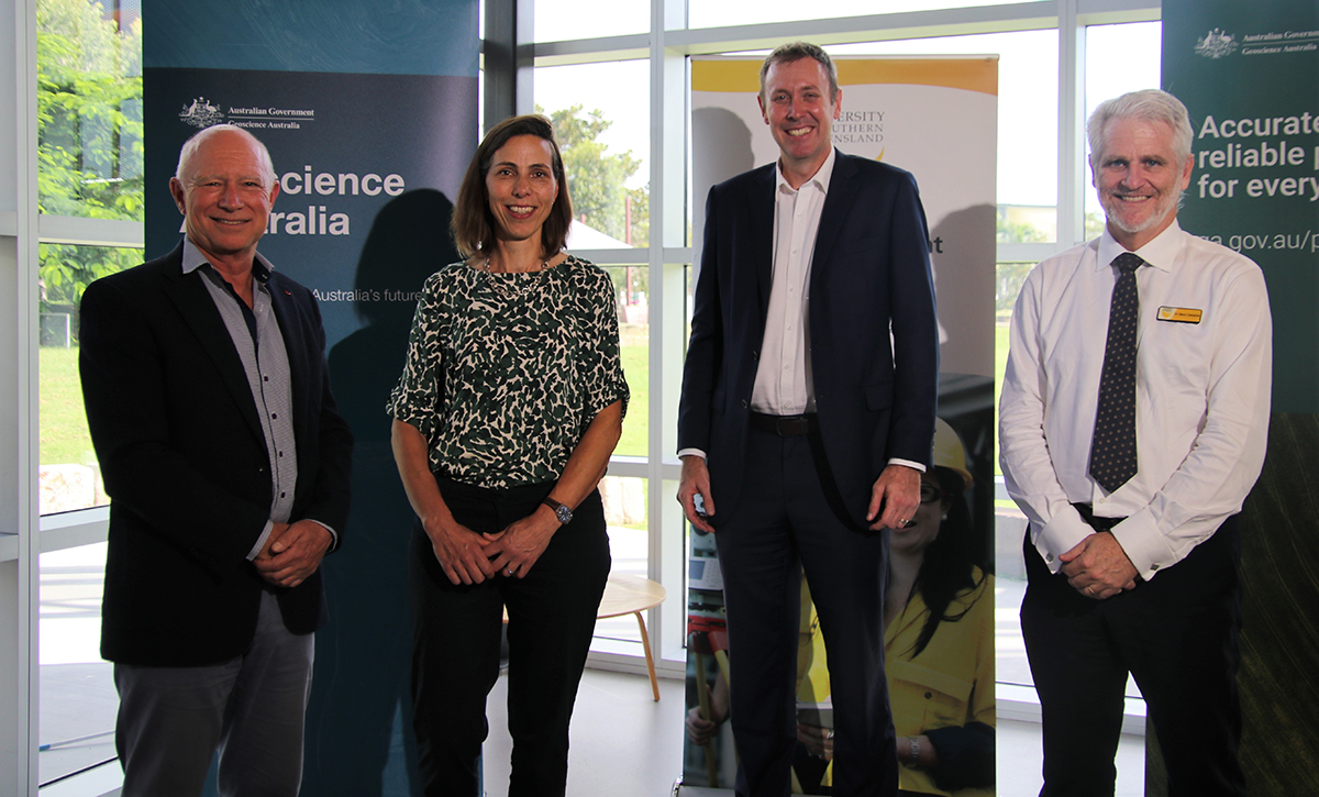 Martin Nix, Position Partners CEO,  Martine Woolf, Geoscience Australia, Branch Head - National Positioning Infrastructure, Garth Hamilton, Member for Groom, and Dr Glenn Campbell, University of Southern Queensland, Head of School – Surveying and Built Environment.