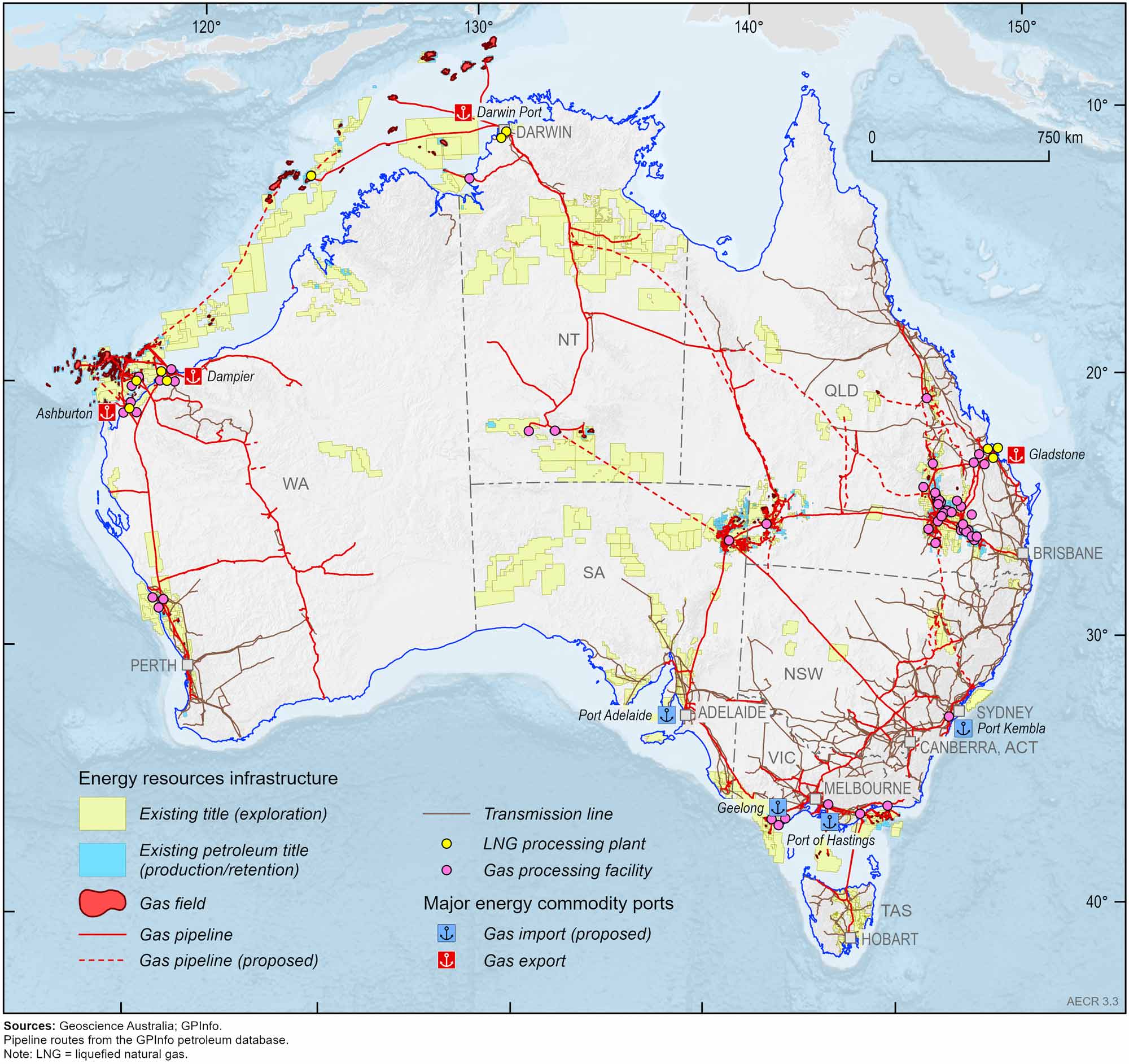 A map of Australia showing petroleum permits, gas fields and infrastructure