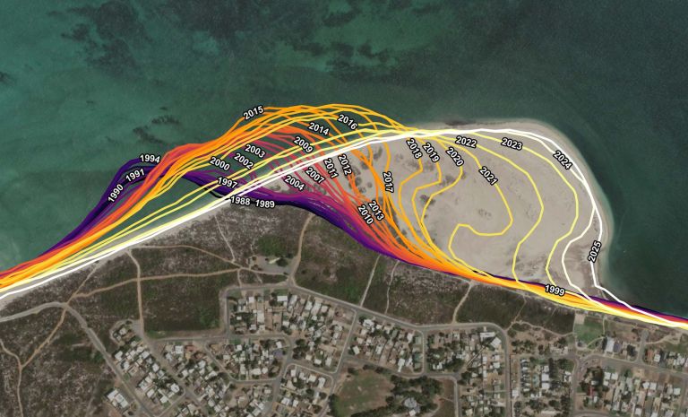 Annual coastline positions at Cervantes, Western Australia, showing 37 years of shoreline movement from 1988 to 2025