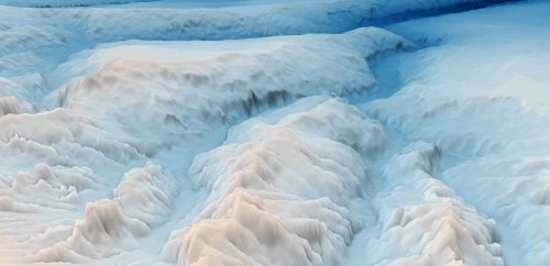 3D visualisation of rugged Antarctic seabed terrain, showing ridges, valleys and deep channels in pale blue and white