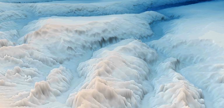 3D visualisation of rugged Antarctic seabed terrain, showing ridges, valleys and deep channels in pale blue and white