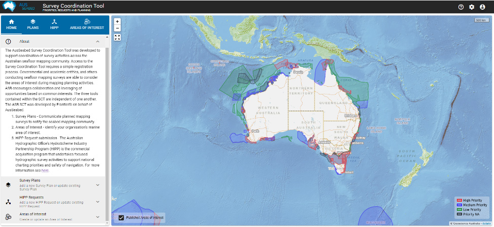 Screenshot of the AusSeabed Survey Coordination Tool showing planned and priority seabed survey areas around Australia