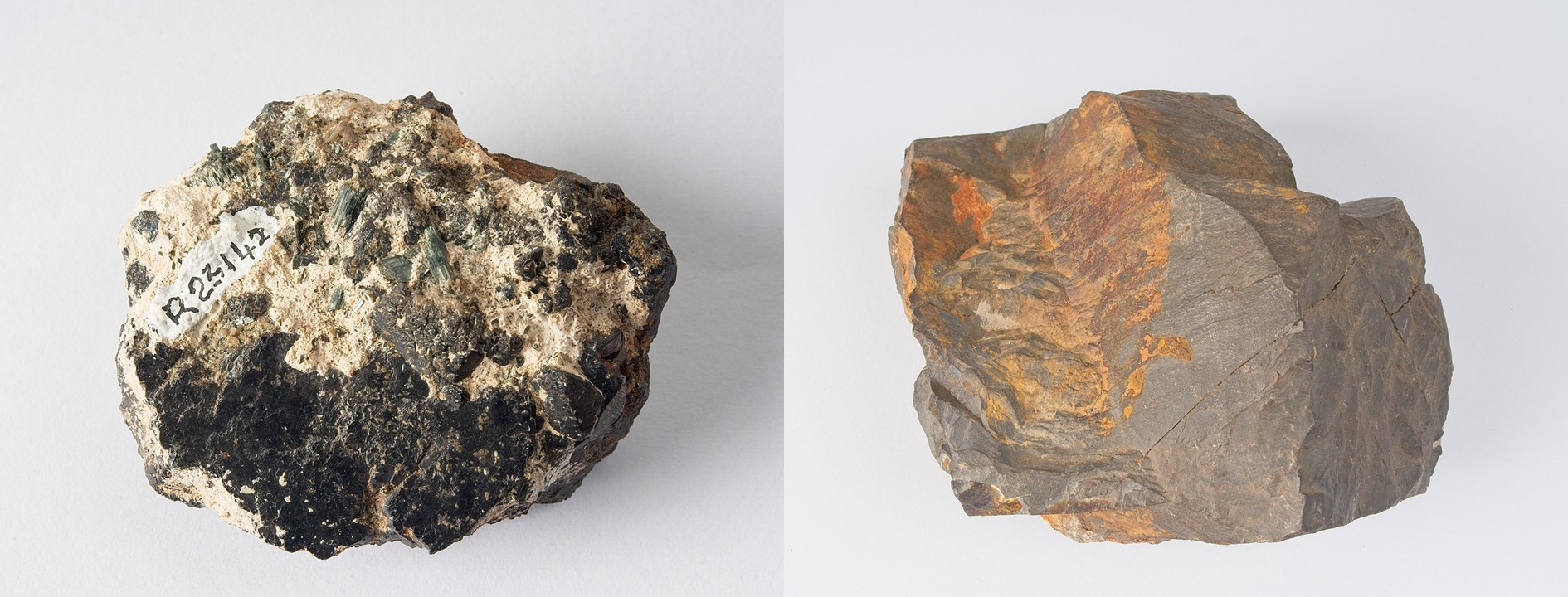 Side-by-side photographs of mineral specimens: ilmenite from Moonta, South Australia, on the left, and rutile from Mount Perry, Queensland, on the right. Both minerals are natural titanium oxides.