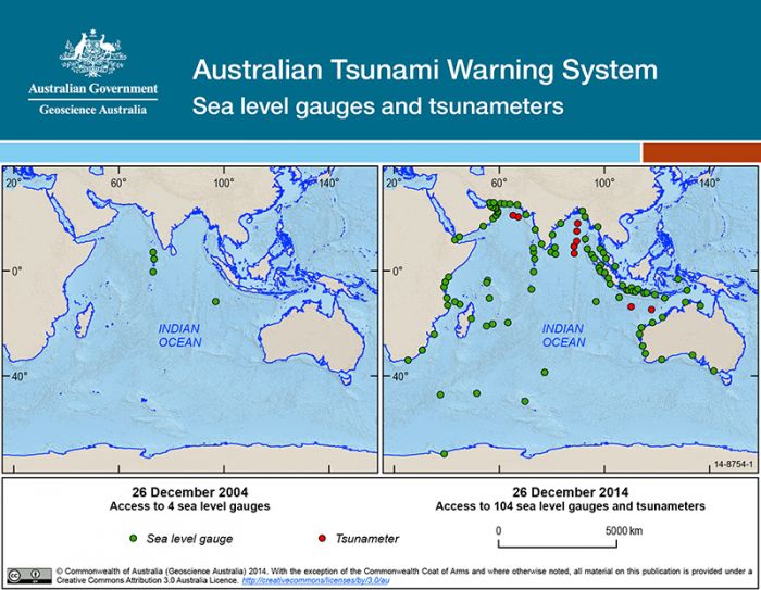Australian Tsunami Warning System Sea level gauges and tsunameters. Due to the complexity of this image no alternative description has been provided. Please email Geoscience Australia at clientservices@ga.gov.au for an alternate description.