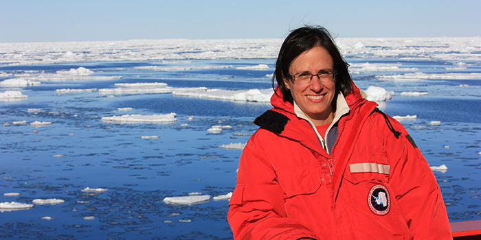 A photo of marine researcher Dr Alix Post with Antarctic sea ice in background
