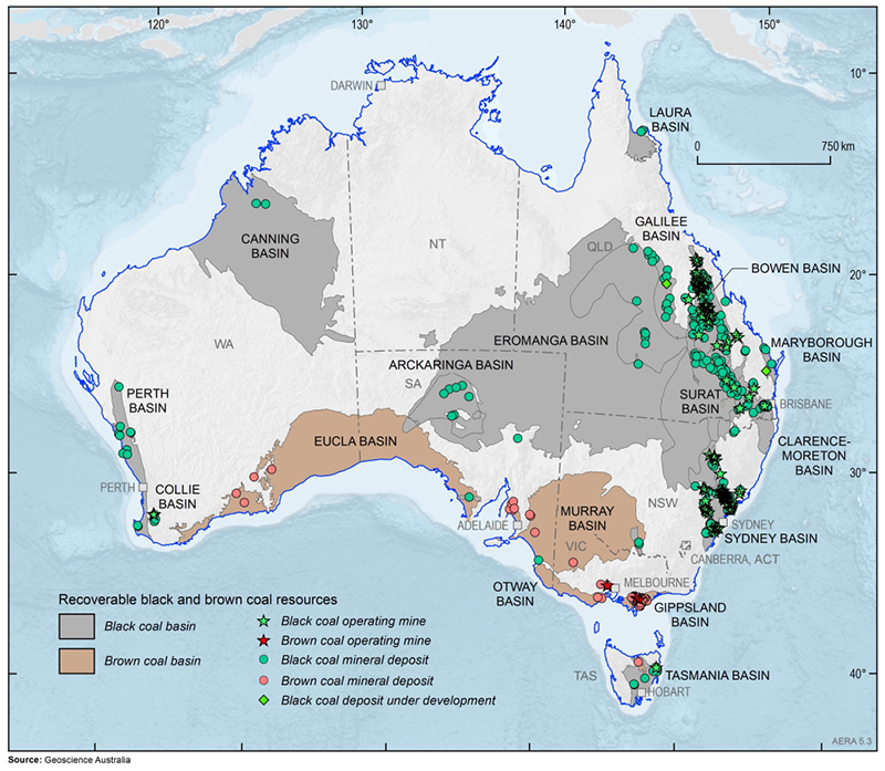 A map of Australia showing the location of brown and black coal deposits and mines