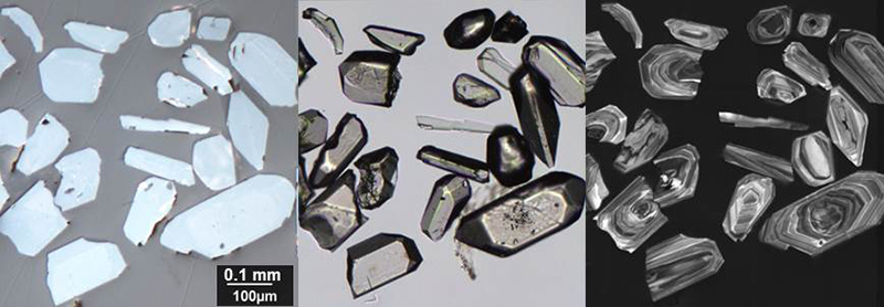 Three images of zircon crystals under different lighting conditions. The first they crystals appear white, the second they appear translucent and glassy and the third black, grey  and white zoning is visible in the crystals.