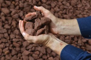A person holding a handful of crushed iron ore close to the camera.