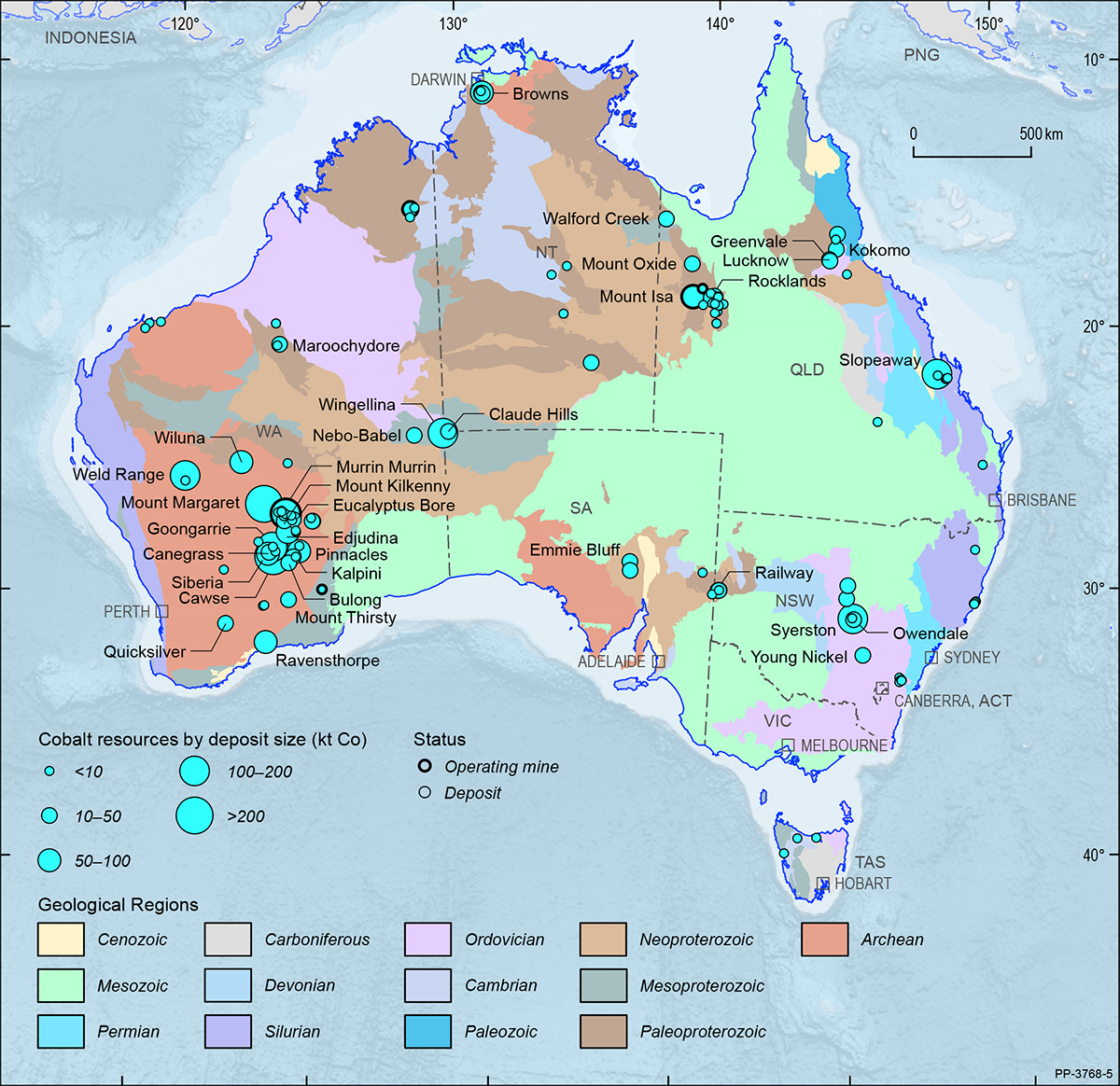 A map showing the Australian continent shaded by the ages of the main geological provinces highlighting the geographical distribution of Australian cobalt deposits and operating mines in 2019.