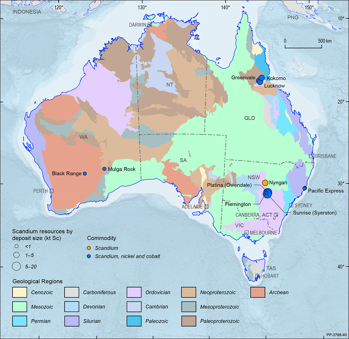 A map showing the Australian continent shaded by the ages of the main geological provinces highlighting the geographical distribution of Australian scandium deposits in 2019.