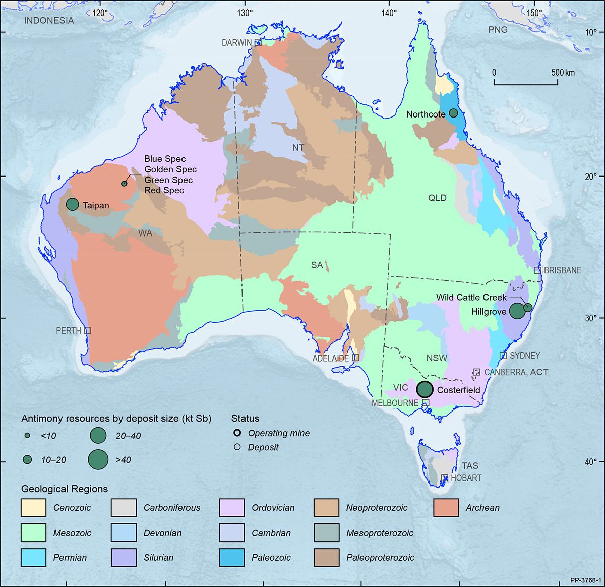 A map showing the Australian continent shaded by the ages of the main geological provinces highlighting the geographical distribution of Australian antimony deposits and operating mines 2019.