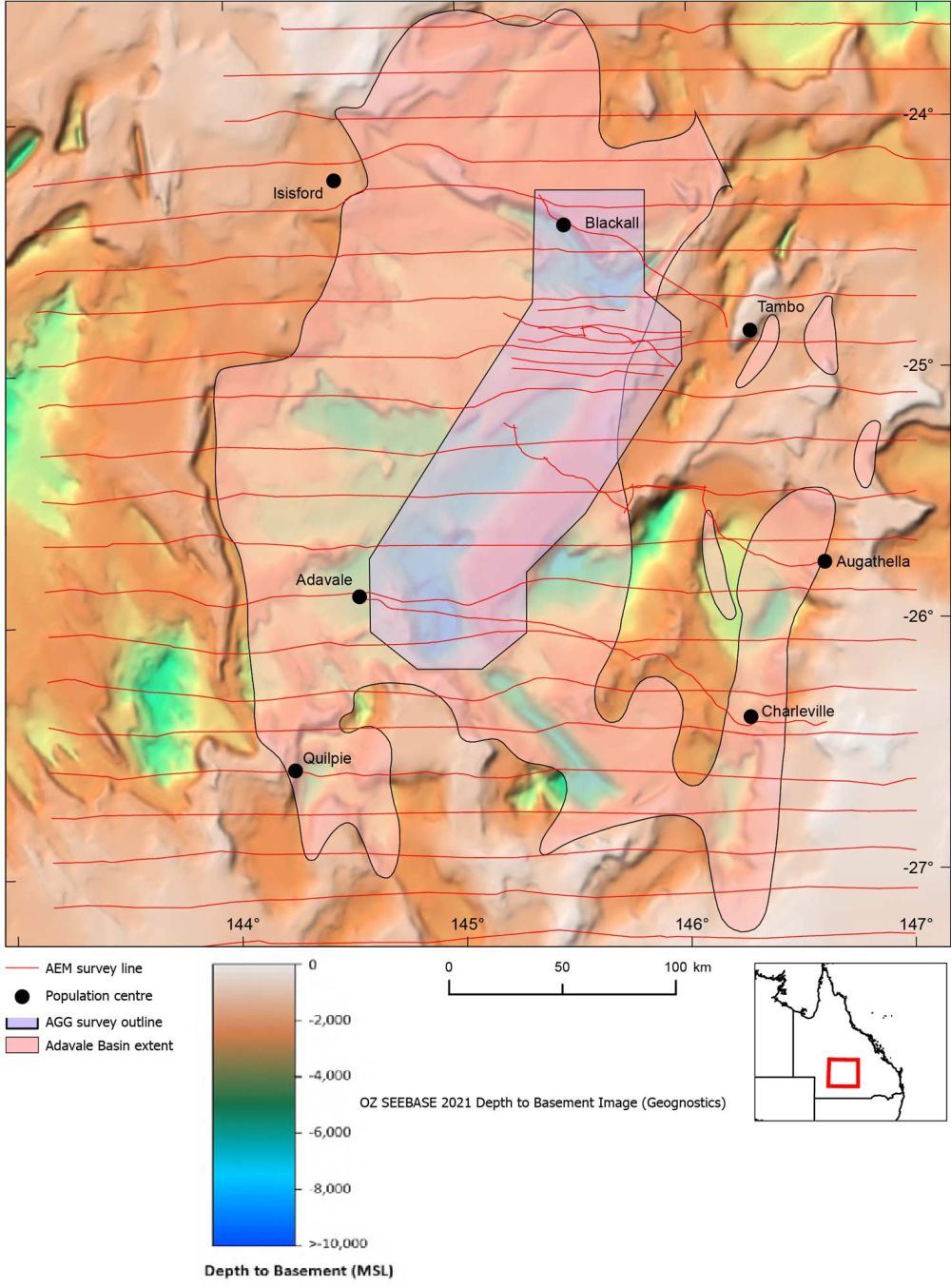A map showing the location of two airborne surveys over a polygon of the Adavale Basin, one with flight lines from an east to west direction across the entire map area, the other shown as a polygon over the eastern edge of the basin.