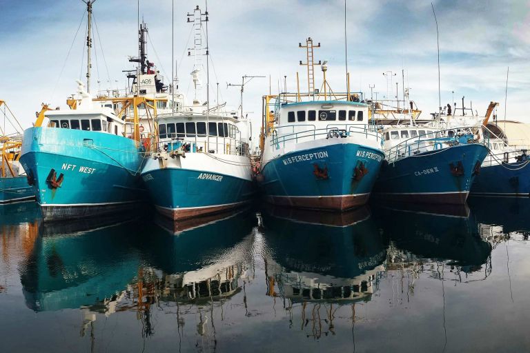 Fishing boats moored together in a calm harbour, with their reflections visible in the water under a cloudy sky