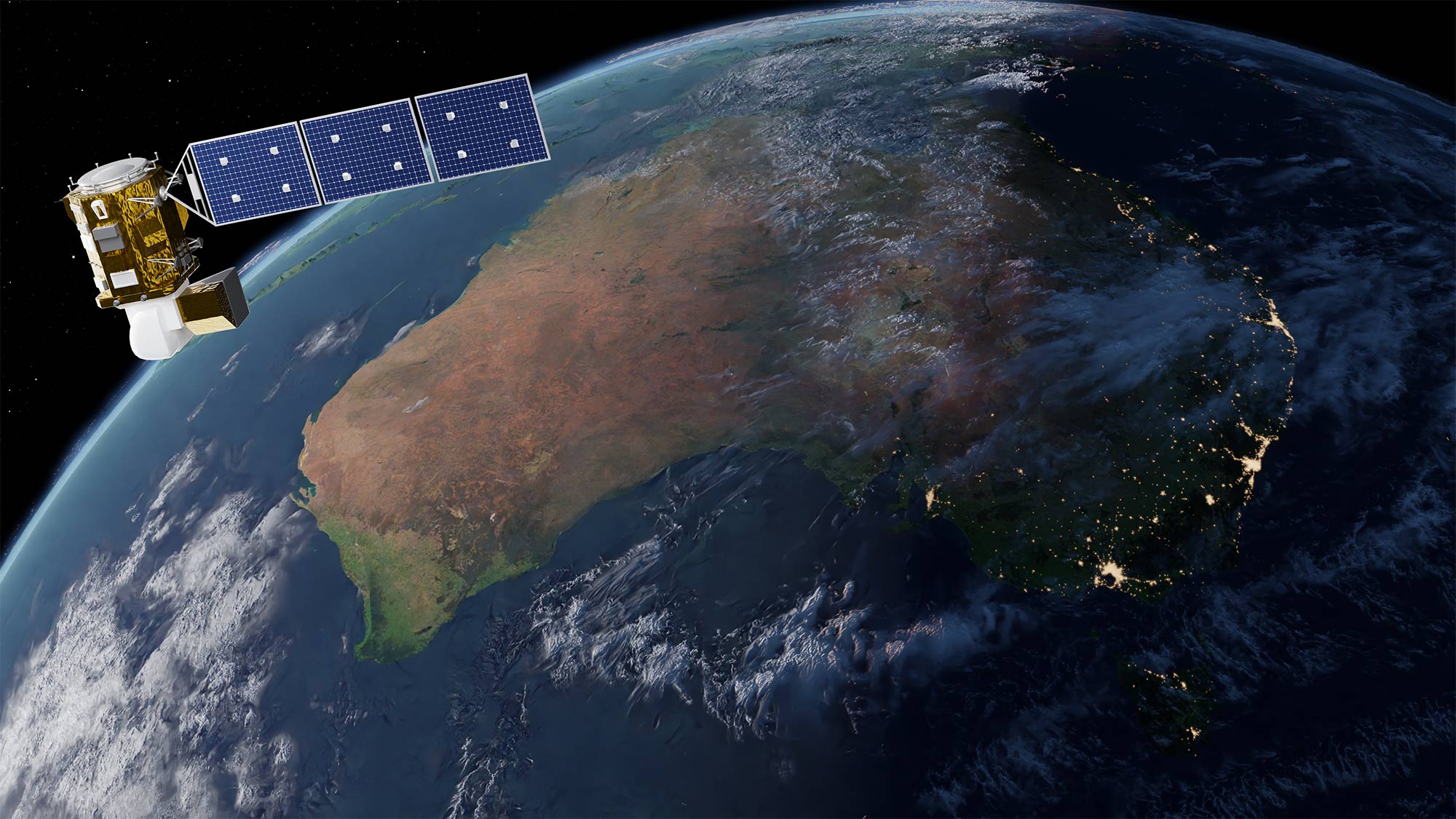 Illustration of the Landsat 8-9 satellites orbiting above Australia, with their flight paths shown across the continent.