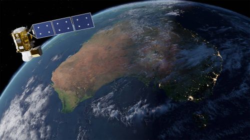 Illustration of the Landsat 8-9 satellites orbiting above Australia, with their flight paths shown across the continent.