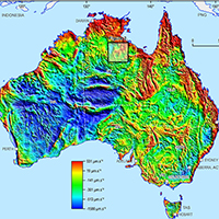 A map of Australia with colour variations showing differences in gravity data measurements.