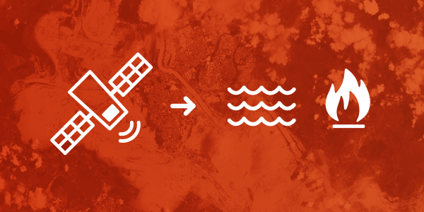 An infographic demonstrating collection of satellite data for monitoring floods and detecting bushfires