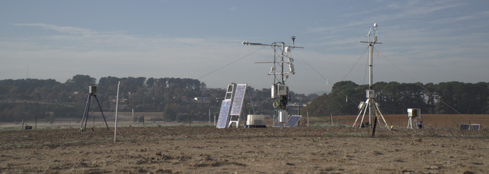 A range of scientific monitoring equipment situated amongst an agricultural crop.