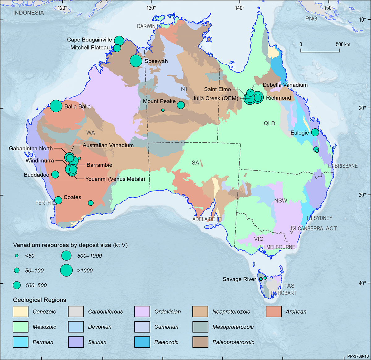 A map showing the Australian continent shaded by the ages of the main geological provinces highlighting the geographical distribution of Australian vanadium deposits in 2019.