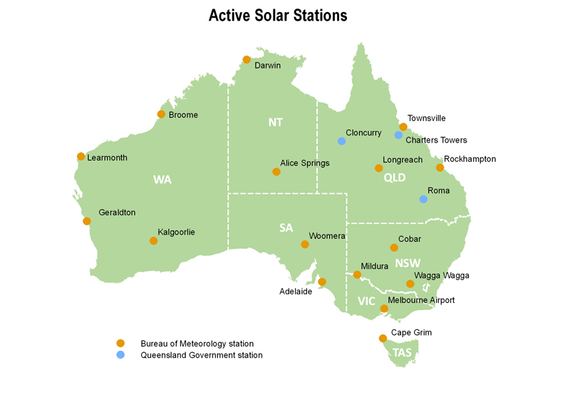 Map of Australia showing active solar ground stations across all states of the country.