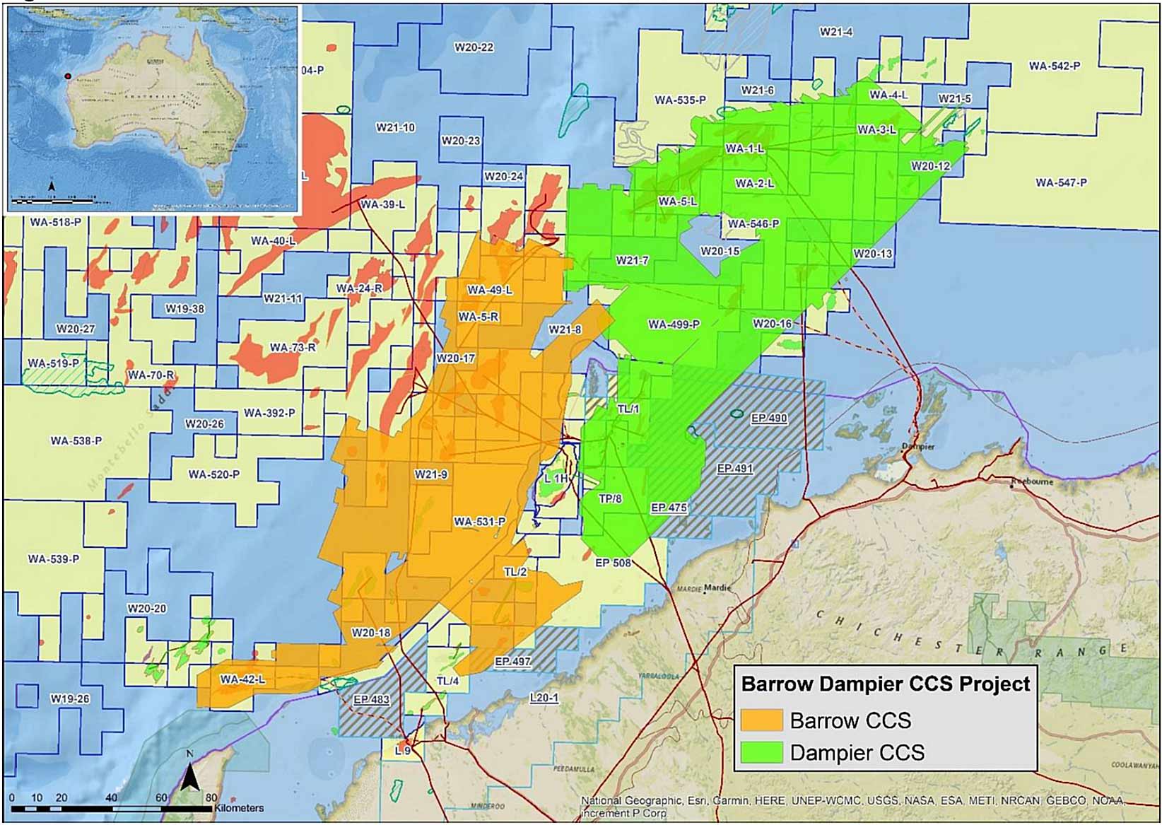 Map of the Barrow-Dampier region in Northwest Australia, showing the outlines of 29 3D surveys covering an area of 26,150 square kilometers.