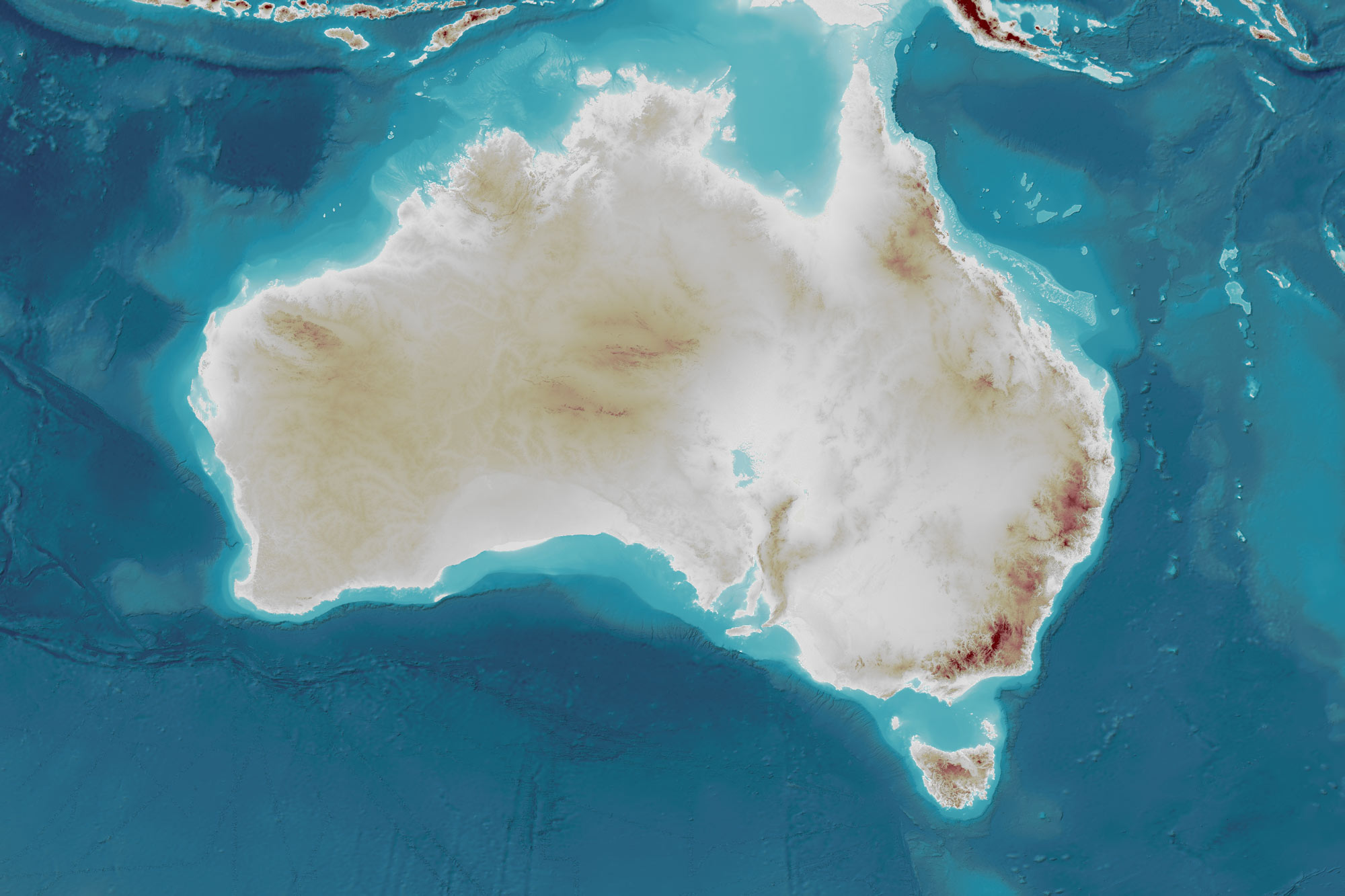 Oblique 3D visualisation of Australia combining topography and surrounding bathymetry to show the transition from land to the seafloor